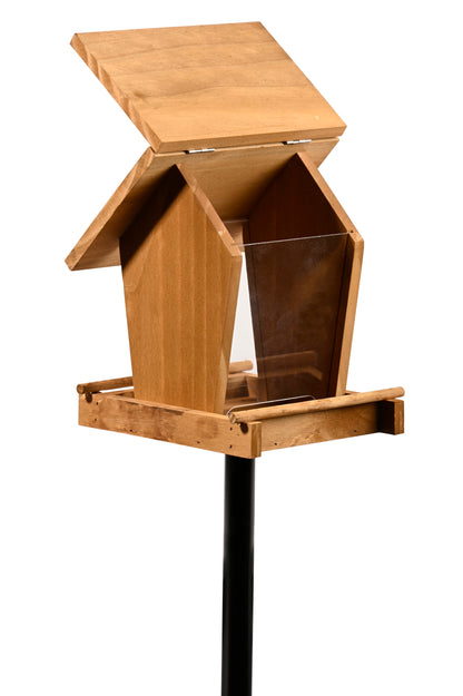 Elegantes Vogelhaus mit wetterfestem Acrylglassilo und stabilem Ständer, ideal für den Garten.
