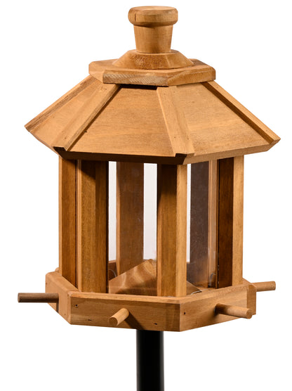 LUXUS-VOGELHAUS® Vogelfutterhaus "Benny Brunch Golden Oak" mit Futterpyramide und Ständer.
