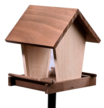 Elegantes Vogelhaus in "Macchiato"-Braun mit stabilem Ständer und wetterfestem Design.
