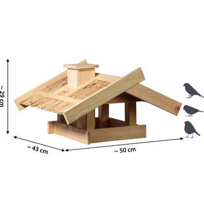 Großes Vogelhaus "Trollanes" mit Schilfdach – Natur Vogelfutterhaus zum Aufstellen für Ständermontage