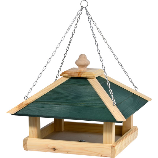 Großes Vogelfutterhaus "Narsaq" mit grünem Dach und Metallkette
