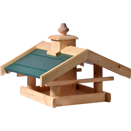 Vogelhaus "Kulusuk" aus Kiefernholz mit grünem Dach, ideal zur Ständermontage, bietet Wildvögeln einen geschützten Futterplatz.