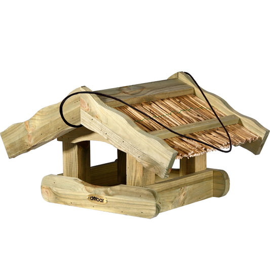 "Vogelhaus 'Saksun' aus FSC-zertifiziertem Kiefernholz, 39x30x22 cm, mit Schilfdach und Kordel zum Aufhängen, ideal für Wildvögel im Garten"
