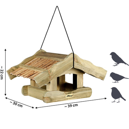"Rustikales Vogelfutterhaus aus nachhaltigem Kiefernholz, dekoratives Schilfdach, praktische Aufhängung mit Kordel, perfekt für Vögel"
