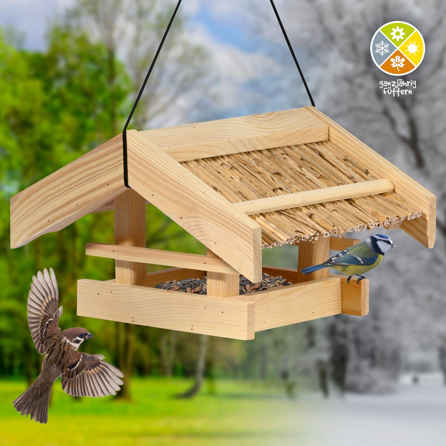 Wetterfestes Vogelfutterhaus "Arsuk" mit grünem Satteldach und großem Futtertablett