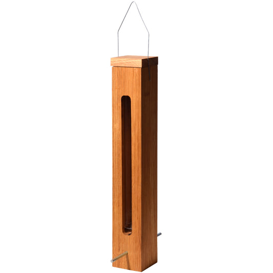 LUXUS-VOGELHAUS Design-Futtersäule – Aus geöltem Eichenholz und Acrylglas, mit Metallbügel zum Aufhängen.
