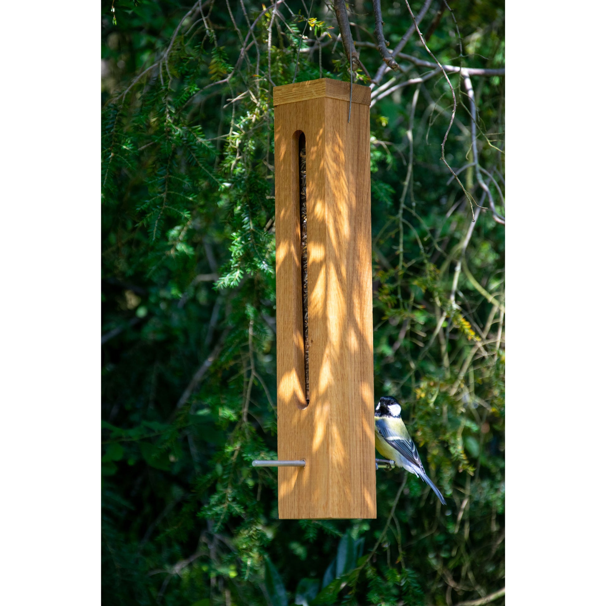 LUXUS-VOGELHAUS Design-Futtersäule – Aus geöltem Eichenholz und Acrylglas, mit Metallbügel zum Aufhängen.
