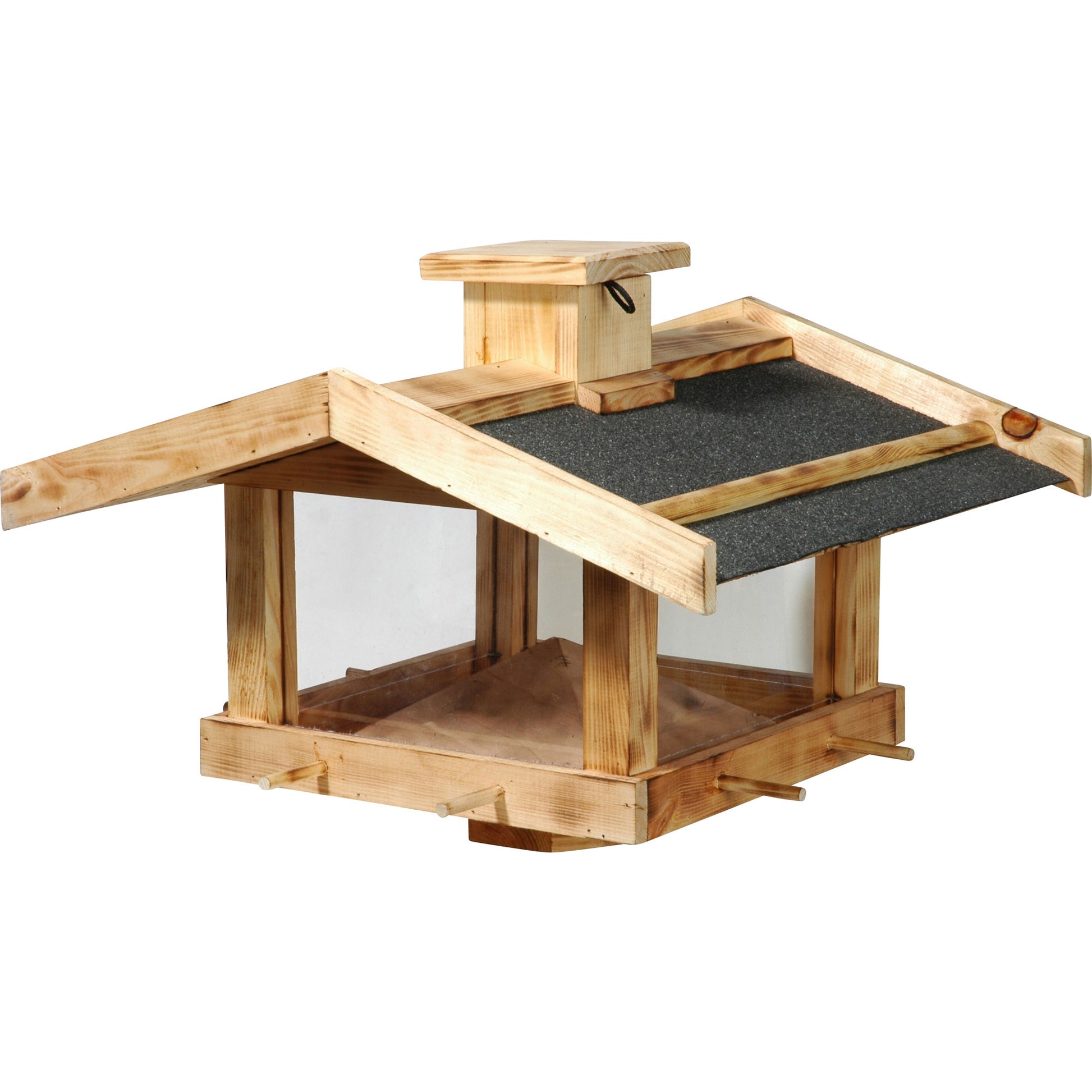 Geflammtes Massivholz-Vogelfutterhaus für Ständermontage - Robuste Futterstation für Wildvögel - Luxus-Vogelhaus.de