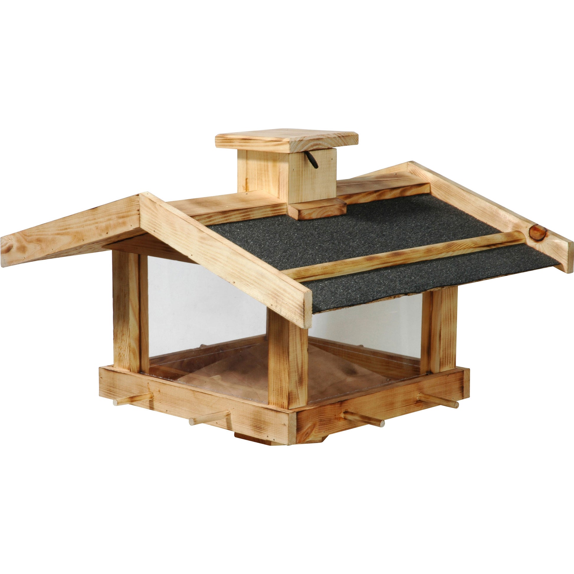 Geflammtes Massivholz-Vogelfutterhaus für Ständermontage - Robuste Futterstation für Wildvögel - Luxus-Vogelhaus.de