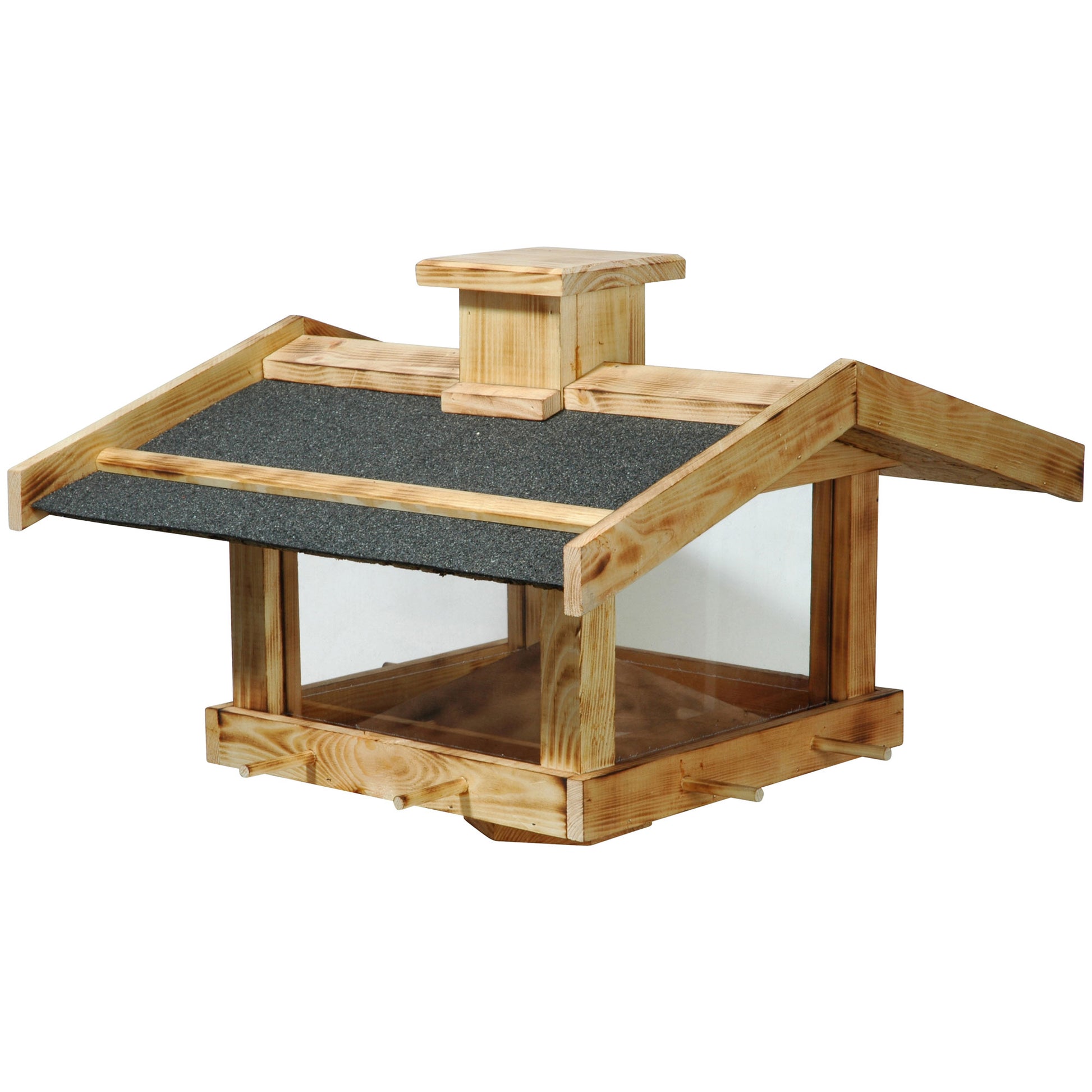 Geflammtes Massivholz-Vogelfutterhaus für Ständermontage - Robuste Futterstation für Wildvögel - Luxus-Vogelhaus.de