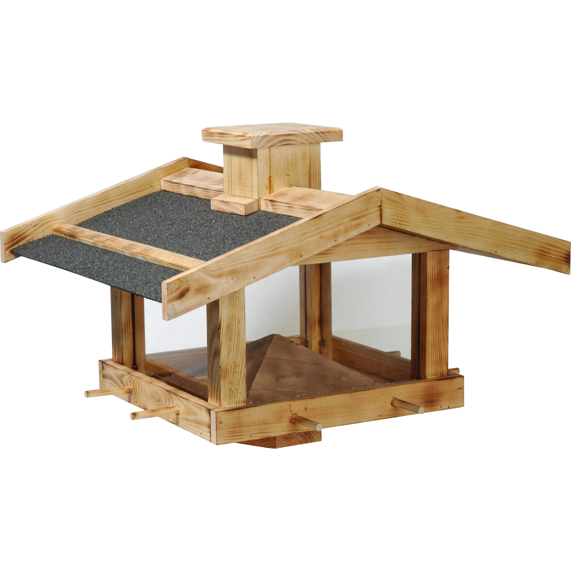 Geflammtes Massivholz-Vogelfutterhaus für Ständermontage - Robuste Futterstation für Wildvögel - Luxus-Vogelhaus.de