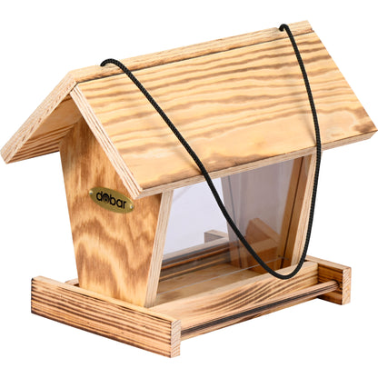 Hängendes Vogelhaus "Llama" aus geflammtem Holz mit Acrylglasscheiben
