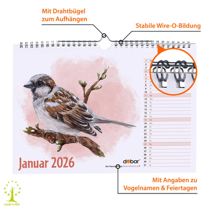 Vogel-Wandkalender 2026 DIN A4 – Jahreskalender mit Wildvogel-Illustrationen