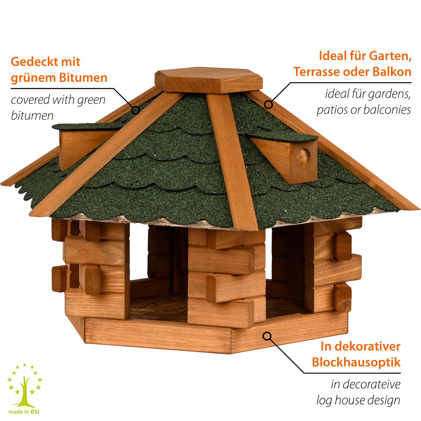 Vogelhaus Blockhaus 6-eck, Bitumendach, Grün