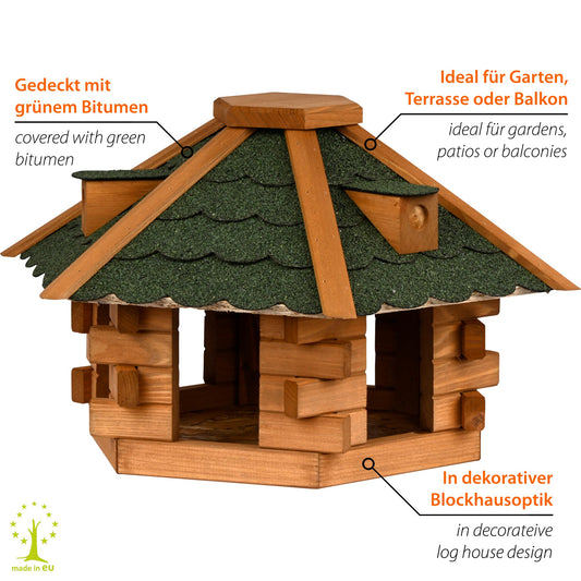 Vogelhaus Blockhaus 6-eck, Bitumendach, Grün