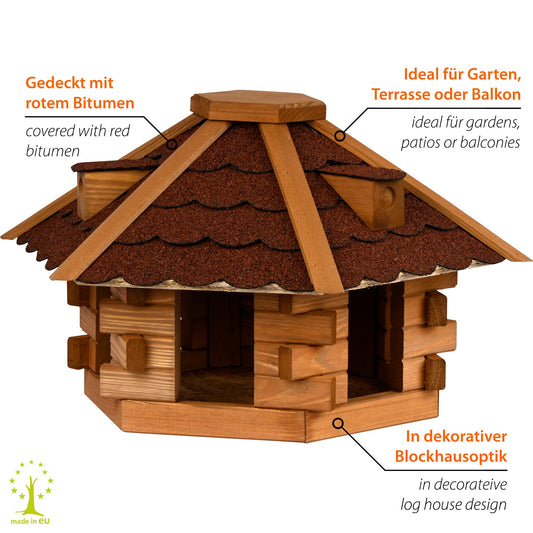Vogelhaus Blockhaus 6-eck, Bitumendach, Rot