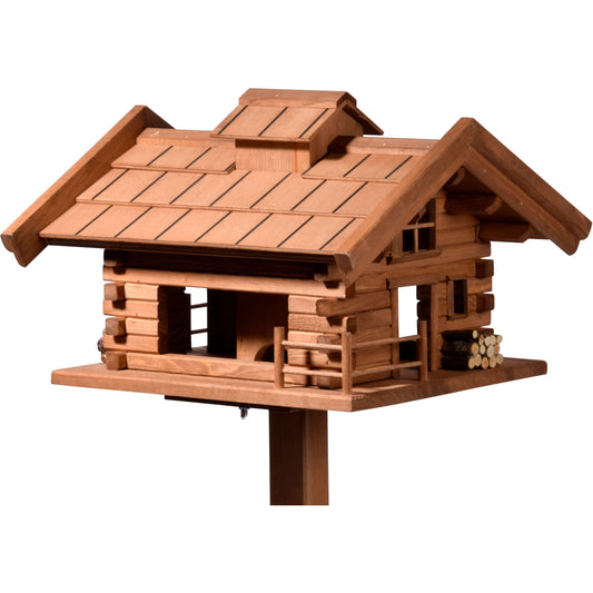 Detailansicht des Vogelhauses im rustikalen Berghütten-Design mit Futtersilo und abnehmbarer Dachspitze.
