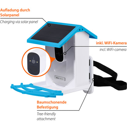 Wetterfestes Futterhaus mit integrierter WiFi-Kamera und nachhaltiger Solarenergie.

