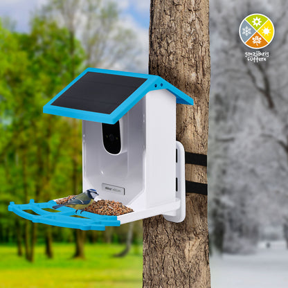 LUXUS-VOGELHAUS® Vogelfutterhaus EAZY mit Solarpanel und WiFi-Kamera, aus robustem Kunststoff.
