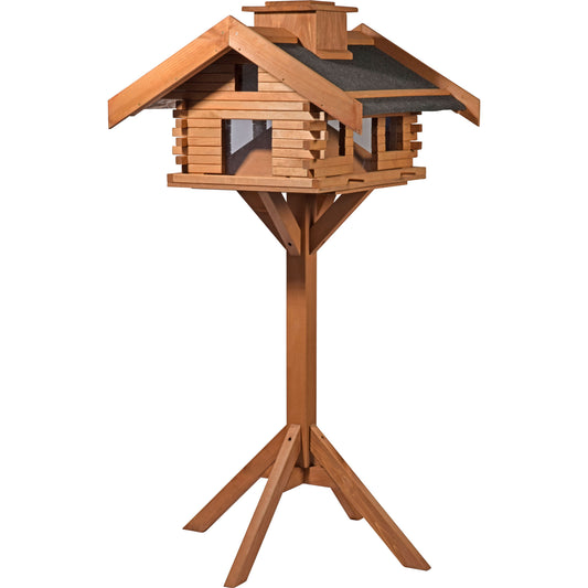 LUXUS-VOGELHAUS® XXL-Vogelvilla "Blockhaus Gipfel" mit wetterfestem Kiefernholz und robustem Ständer.
