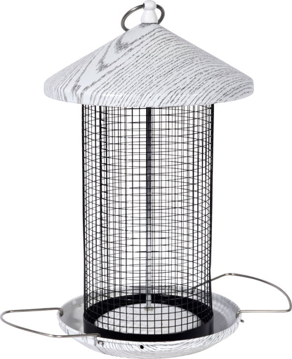 Robuste Futtersäule mit Gitterröhre und ausklappbaren Anflugstangen
