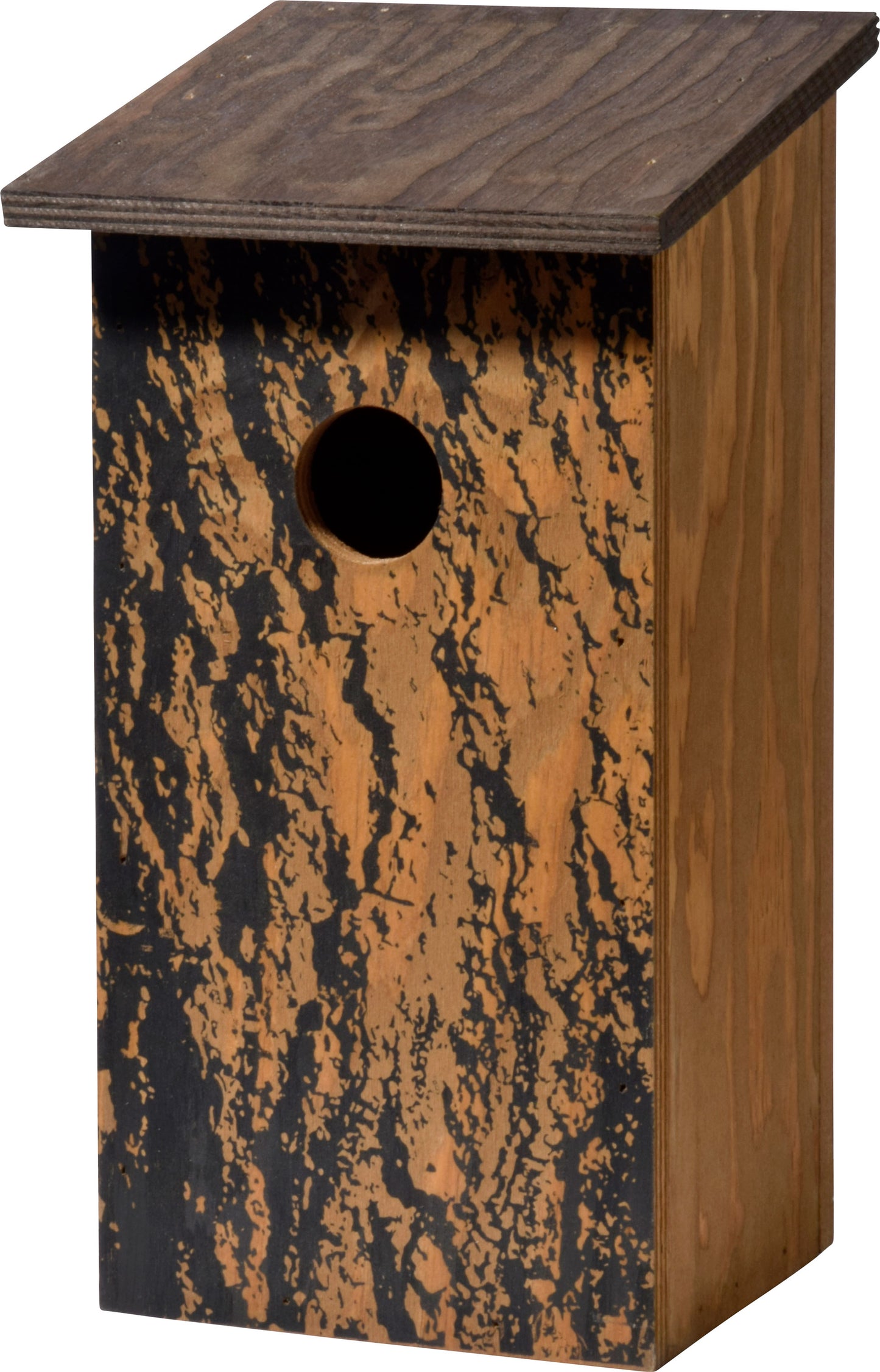Art.11015e - Klassischer Nistkasten zum Aufhängen mit Baumrinde-Aufdruck "Quercus robur"