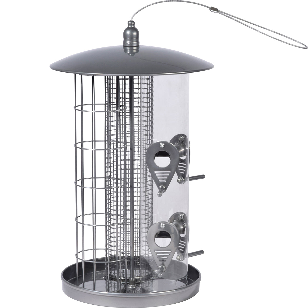 Wetterfeste Futterstation aus Metall und Acrylglas mit drei Futtersäulen
