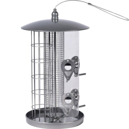 Wetterfeste Futterstation aus Metall und Acrylglas mit drei Futtersäulen
