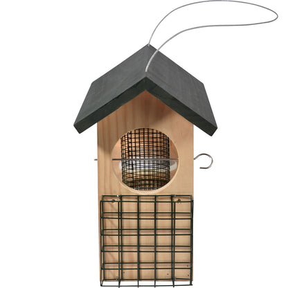 Vielseitige Vogelfutterstation mit Futtersilos und Drahtkörben für Erdnüsse und Energieblöcke.
