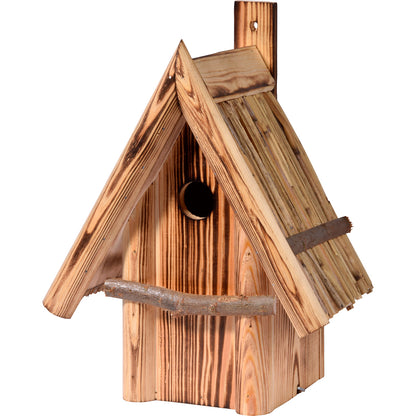 Art.13070e - Geflammter Nistkasten mit Schilfrohr-Spitzdach, Nisthöhle für Wildvögel, Kiefer - Luxus-Vogelhaus.de