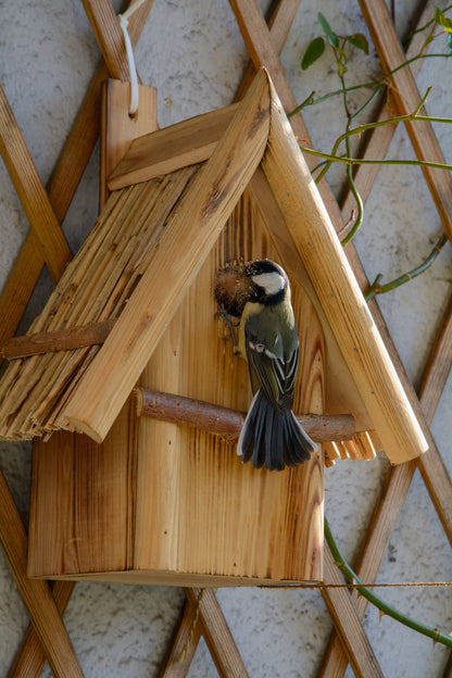 Art.13070e - Geflammter Nistkasten mit Schilfrohr-Spitzdach, Nisthöhle für Wildvögel, Kiefer - Luxus-Vogelhaus.de