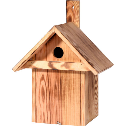 LUXUS-VOGELHAUS® Nistkasten mit geflammter Oberfläche aus robustem Kiefernholz, Ø 32 mm Einflugloch.