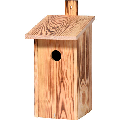 Art.13080e - Geflammter Nistkasten mit Befestigungsleiste, Nisthöhle für Wildvögel, Kiefer - Luxus-Vogelhaus.de