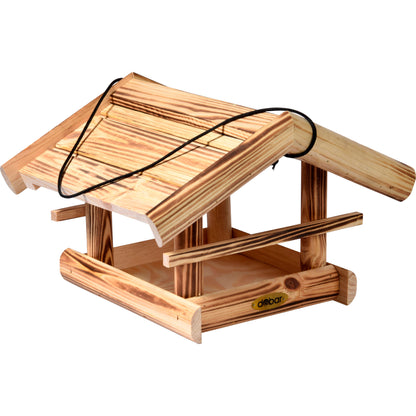 LUXUS-VOGELHAUS „Quemado“ – Rustikales Vogelfutterhaus aus FSC®-zertifiziertem Kiefernholz, geflammt.
