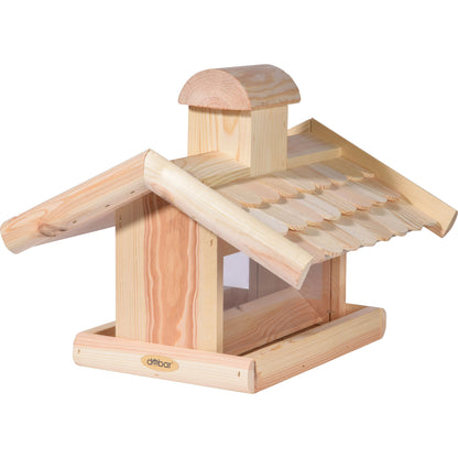 Großes Vogelfutterhaus aus Kiefernholz mit robustem Holzschindeldach und Acryl-Futtersilo, ideal für die Fütterung von Wildvögeln.