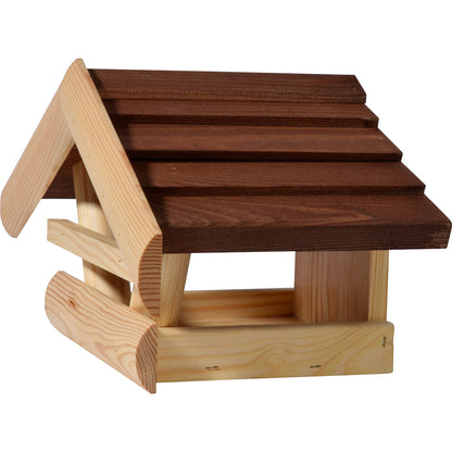 Traditionelles Vogelfutterhaus mit großem Dachüberstand
