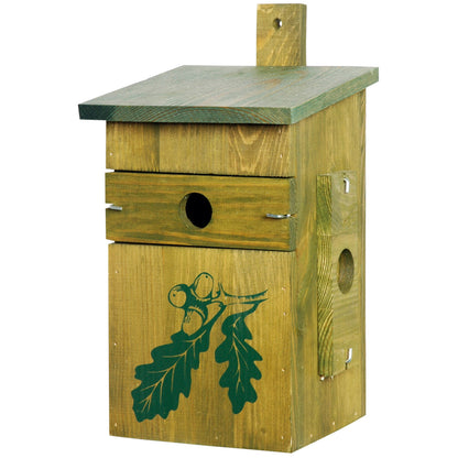 LUXUS-VOGELHAUS® Camouflage Nistkasten mit Eichen-Siebdruckmotiv und austauschbaren Einfluglöchern.

