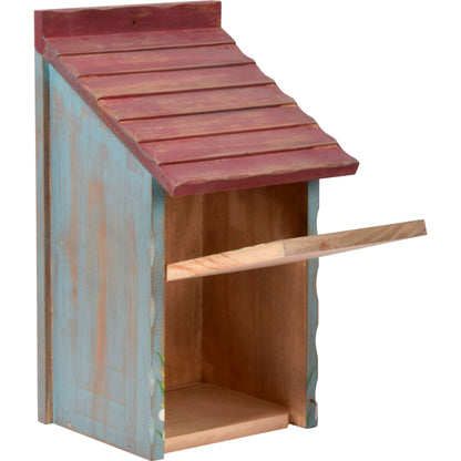 Handgefertigter Nistkasten mit Halbhöhle und aufgemaltem Blumenmuster, ideal für Rotkehlchen.