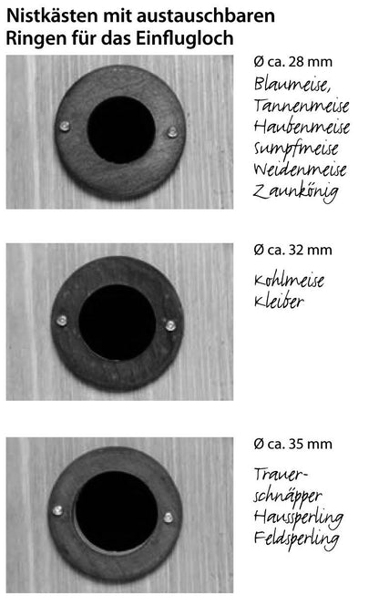 LUXUS-VOGELHAUS® Nistkasten mit großer Reinigungsklappe und wasserdichtem Bitumendach.
