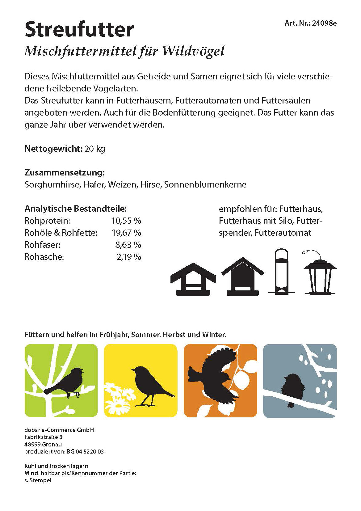 Art. 24098e - Vogelfutter Streufutter 20 kg - Luxus-Vogelhaus.de
