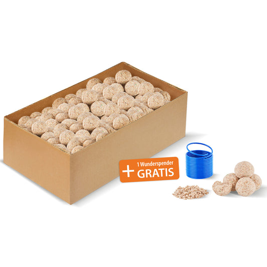 100 Gourmet-Meisenknödel ohne Netz – Mit Erdnüssen und Sonnenblumenkernen für die ganzjährige Fütterung.
