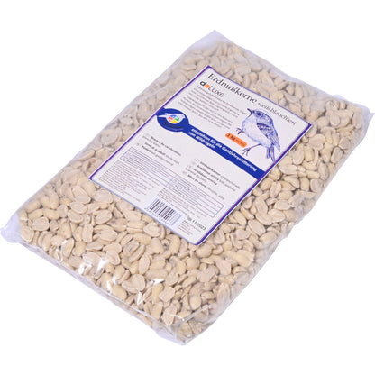 7 Beutel blanchierte Erdnusskerne á 1 kg – Nährstoffreiches Vogelfutter für Futterhäuser und Futterspender.
