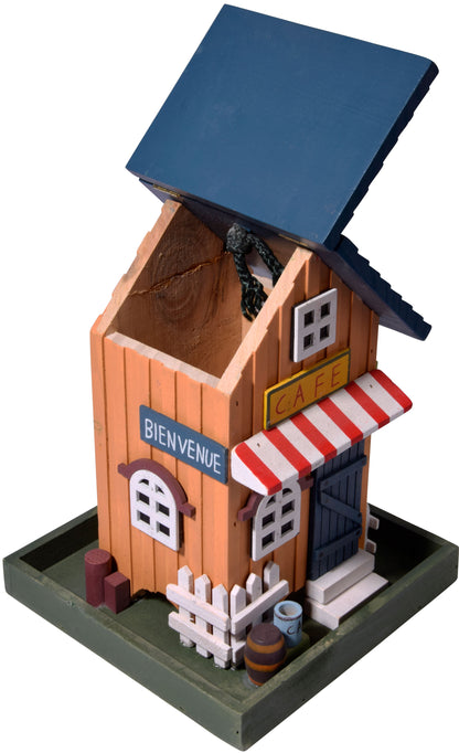 Farbiges Vogelfutterhaus im Western-Stil – Hängende Futterstation aus nachhaltigem Holz, ideal für Wildvögel.
