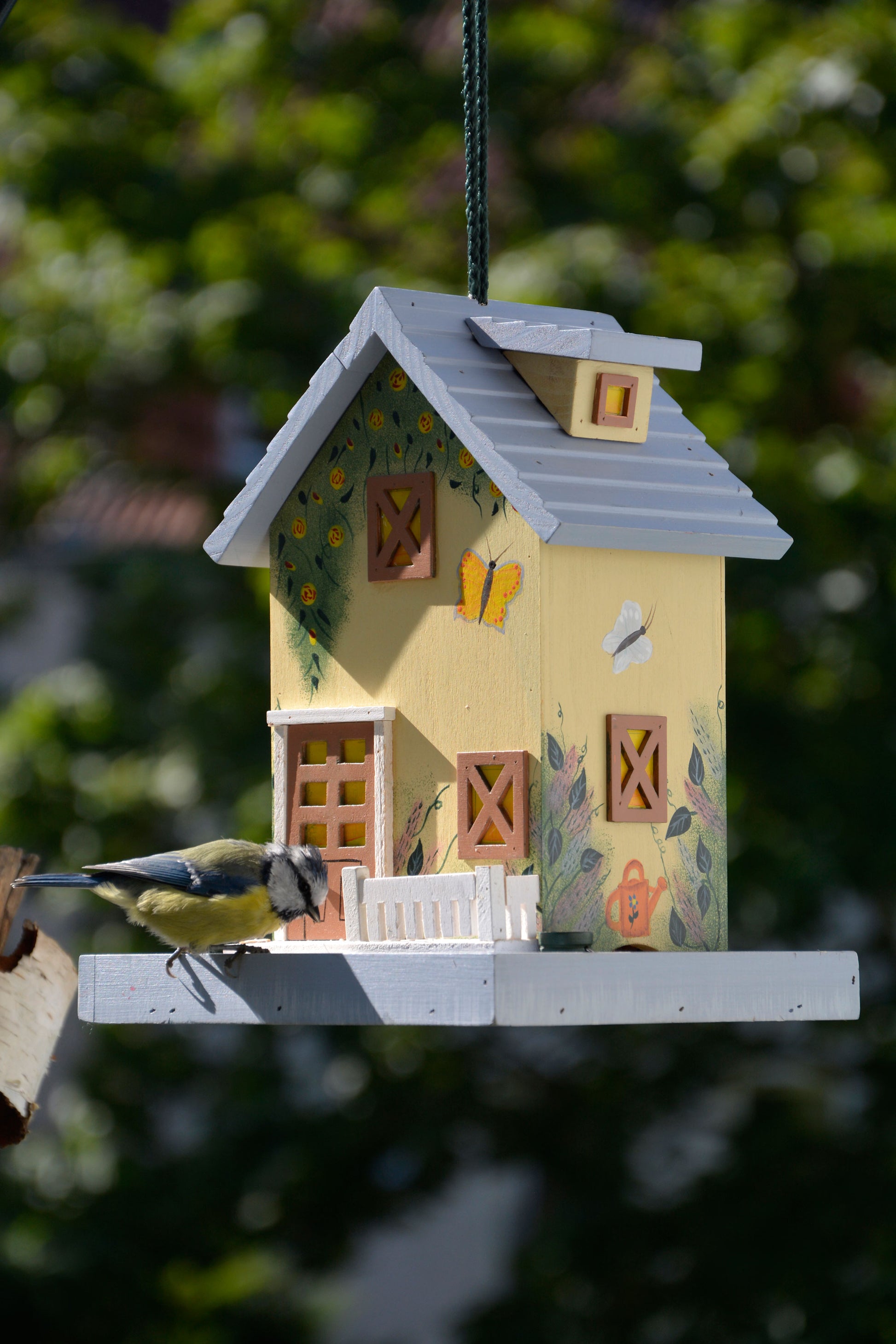 LUXUS-VOGELHAUS „Summer“ – Vogelfutterhaus mit aufklappbarem Dach und reißfester Kordel.

