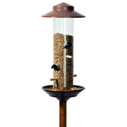 Wetterfeste Futtersäule aus Metall mit Acrylglassilo und Kiefernholz-Ständer
