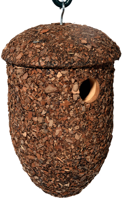Nistkasten "Eichelform" zum Hängen, aus Kiefernholz mit Rinde, Ø 33 mm Einflugloch, ideal für Höhlenbrüter.