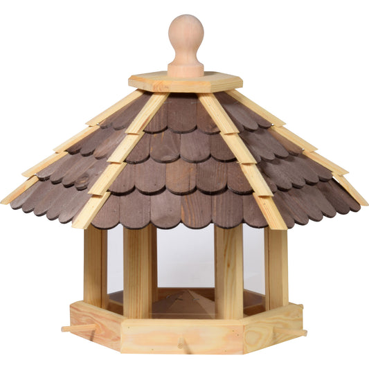 Art. 44136e - Großes Vogelhaus mit dunklen Holzschindeln - Futterpyramide