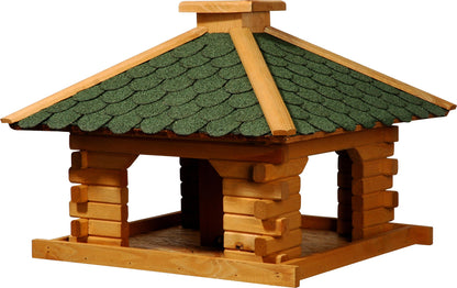 Wetterfestes, quadratisches Vogelhaus mit robustem Bitumendach und integriertem Futtersilo, schützt Futter vor Regen und Verschmutzung.