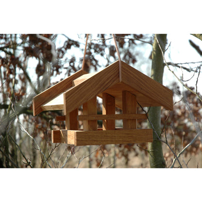 Art. 46036e - Solides Eiche-Vogelfutterhaus "Basis" mit Lederkordel - Luxus-Vogelhaus.de