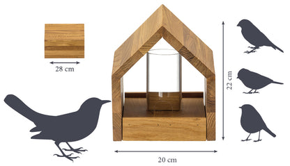 LUXUS-VOGELHAUS® Vogelhaus aus massivem Eichenholz mit Acrylglassilo zum Schutz vor Regen.
